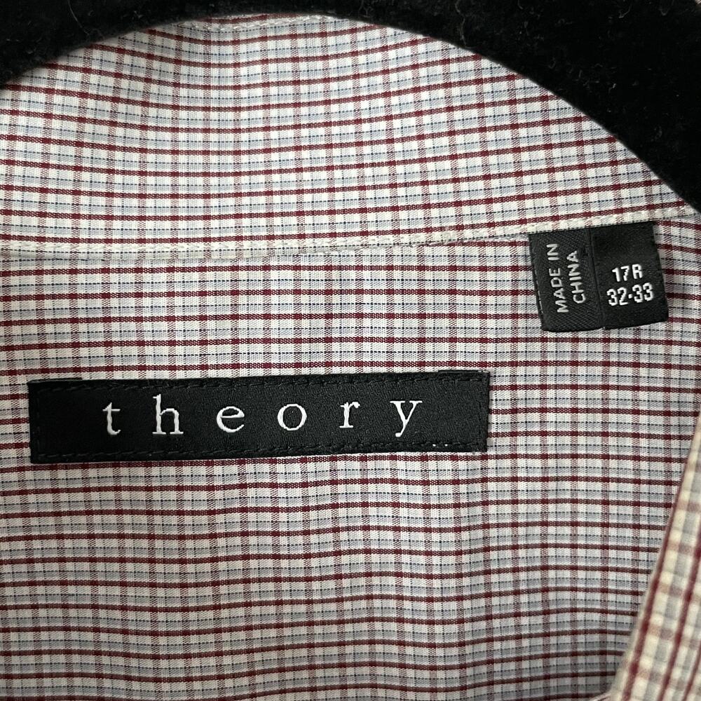 Theory Shirt Mens 17 32-33 White Red Plaid Button Up Long Sleeve Cotton Preppy - Picture 10 of 12